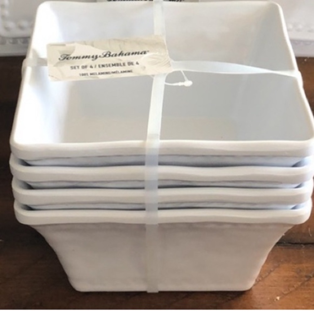 Tommy Bahama Melamine Square 6” Bowls White Hobnail Dot NWT Set of 4
